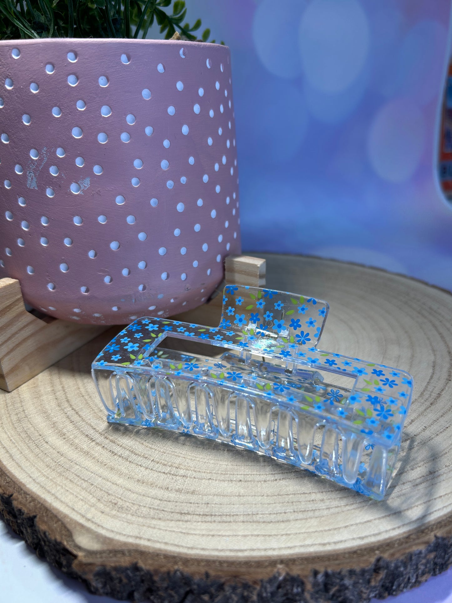 Clear Blue Flowers Flat Claw Clip