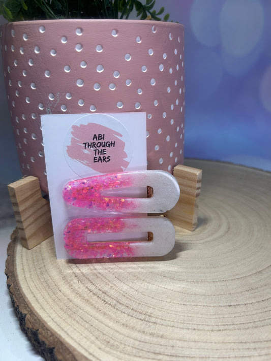 Pink and White Glitter Alligator Hair Clips