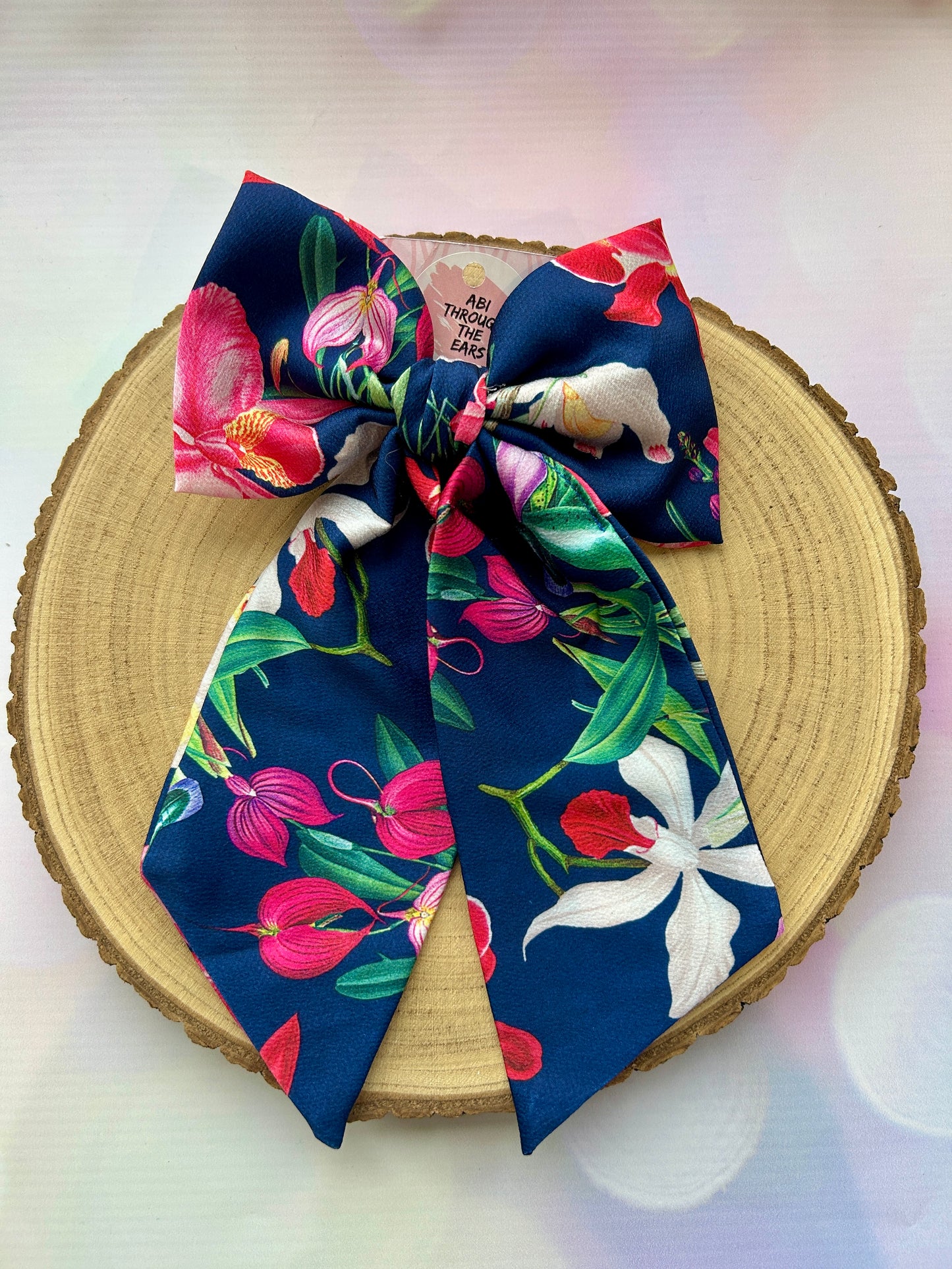Large Blue Floral Satin Hair Bow