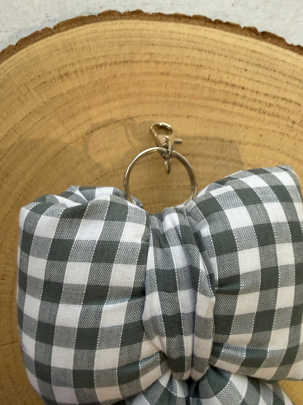 Grey Gingham Puffy Bow Keychain