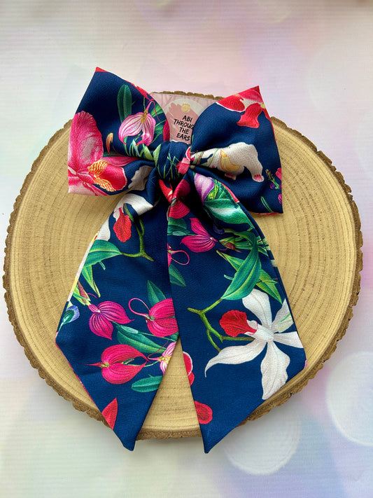 Large Blue Floral Satin Hair Bow