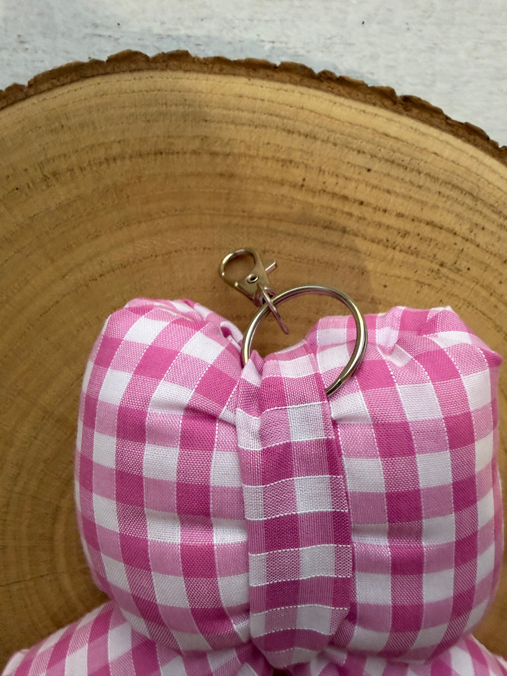 Pink Gingham Puffy Bow Keychain