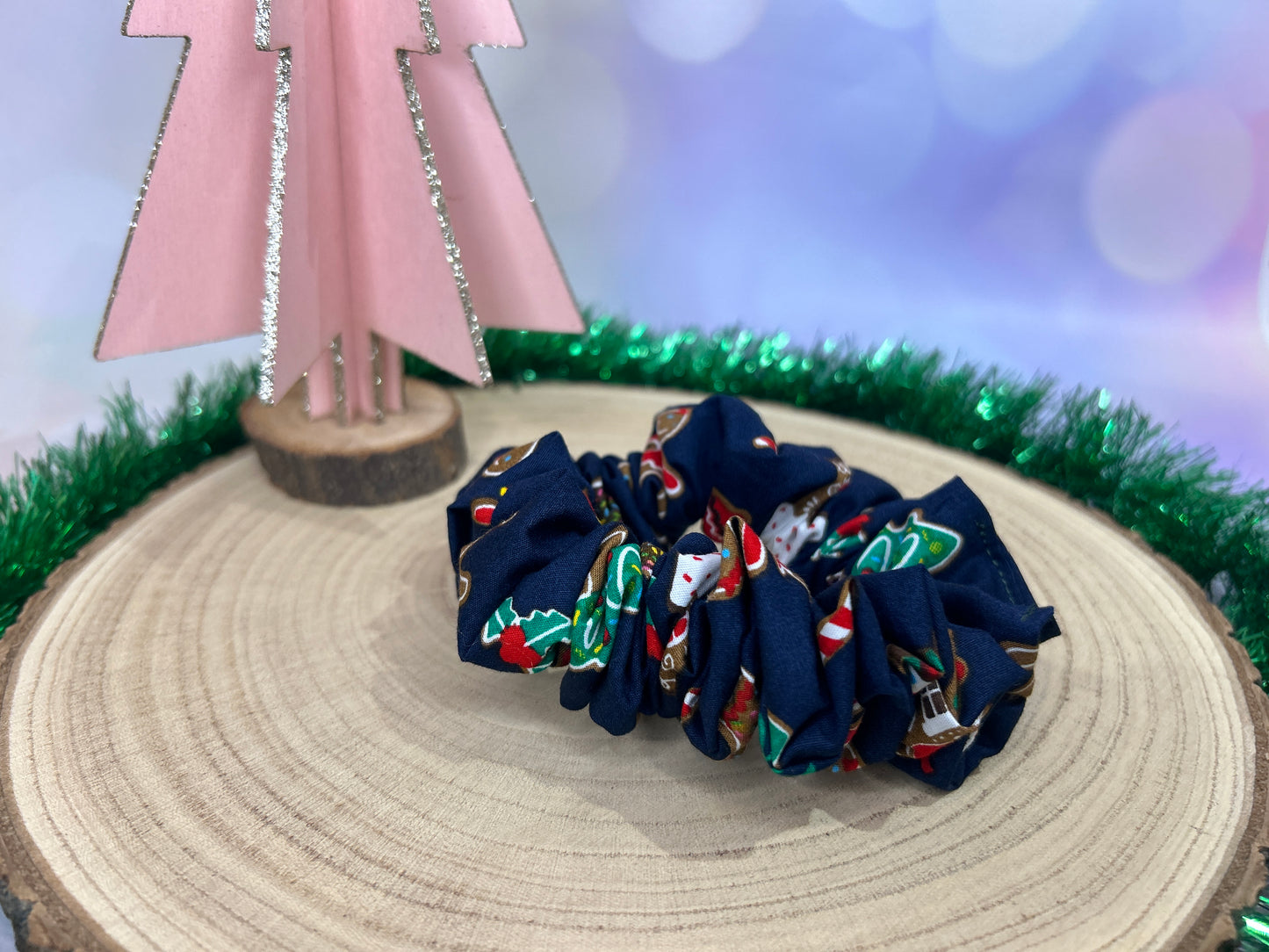 Gingerbread Shapes Hair Scrunchie - Navy