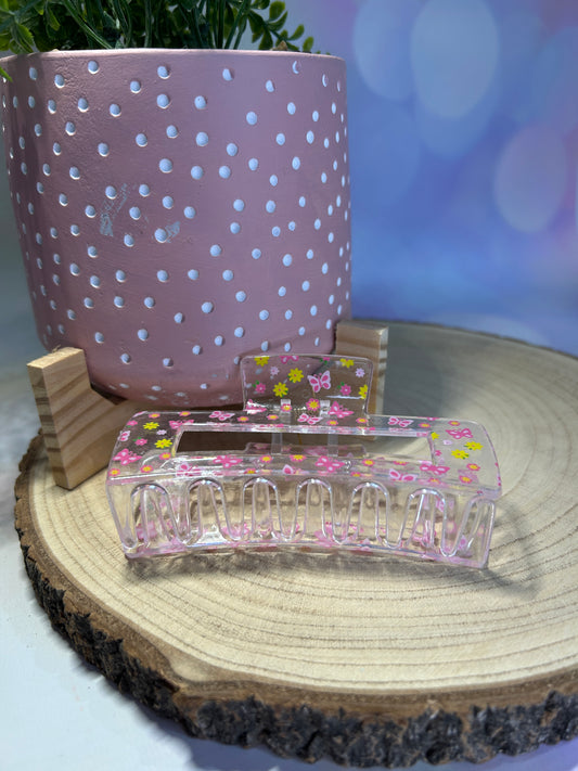 Clear Pink Butterflies Flat Claw Clip