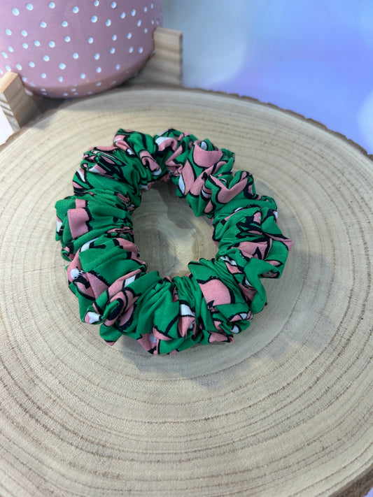 Bold Green and Pink Flower Cotton Hair Scrunchie