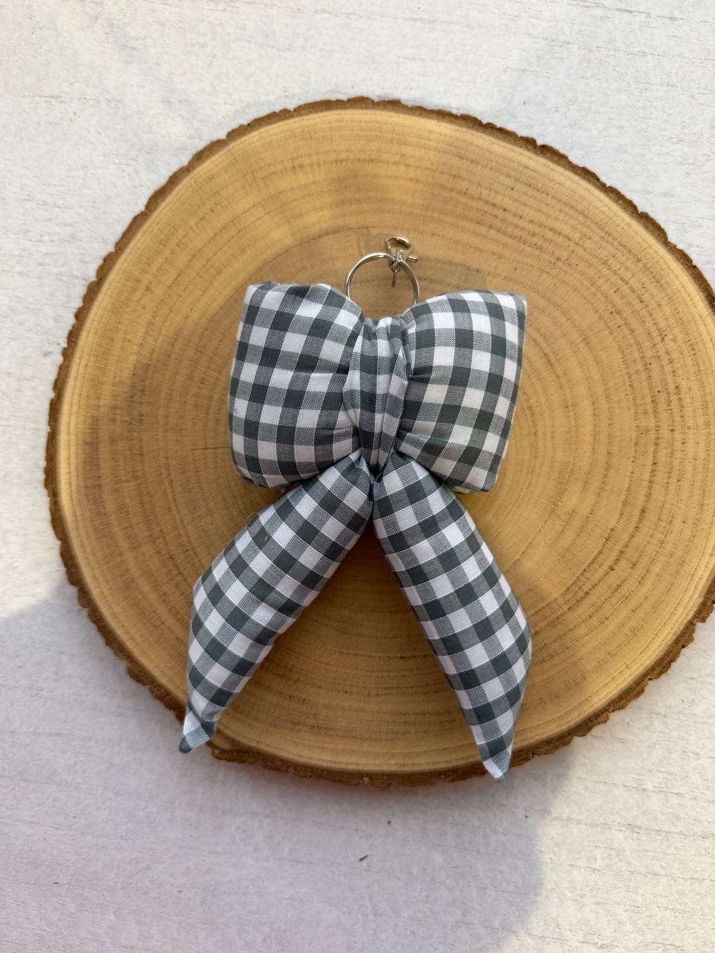 Grey Gingham Puffy Bow Keychain