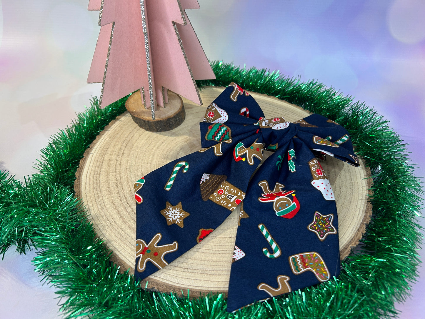 Gingerbread Shapes Hair Bow - Navy