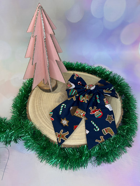 Gingerbread Shapes Hair Bow - Navy