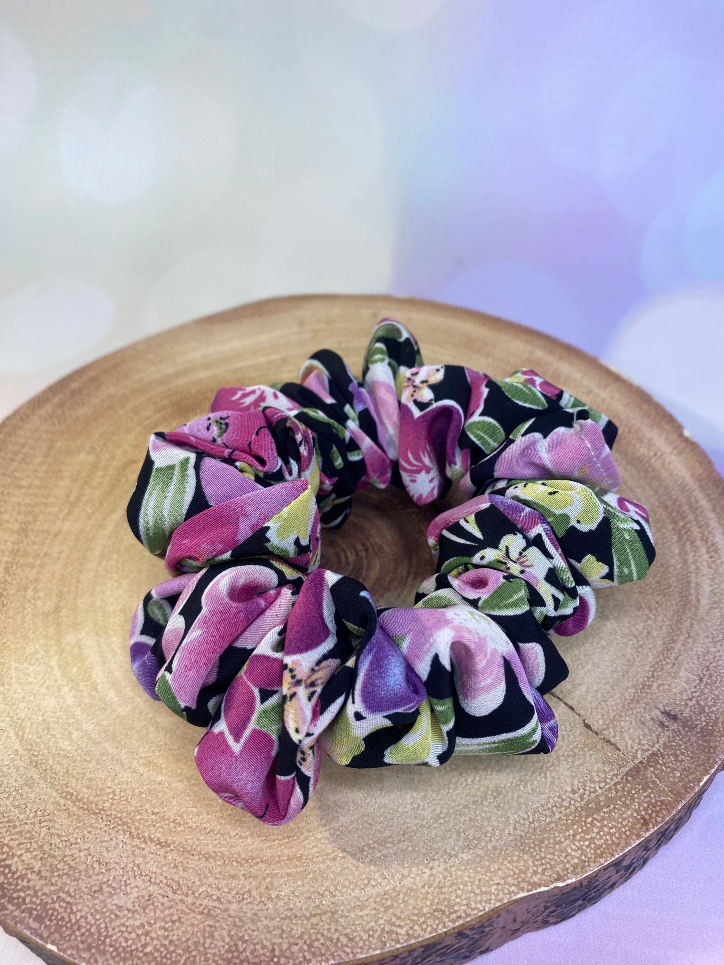 Black & Purple Floral Crepe Scrunchie