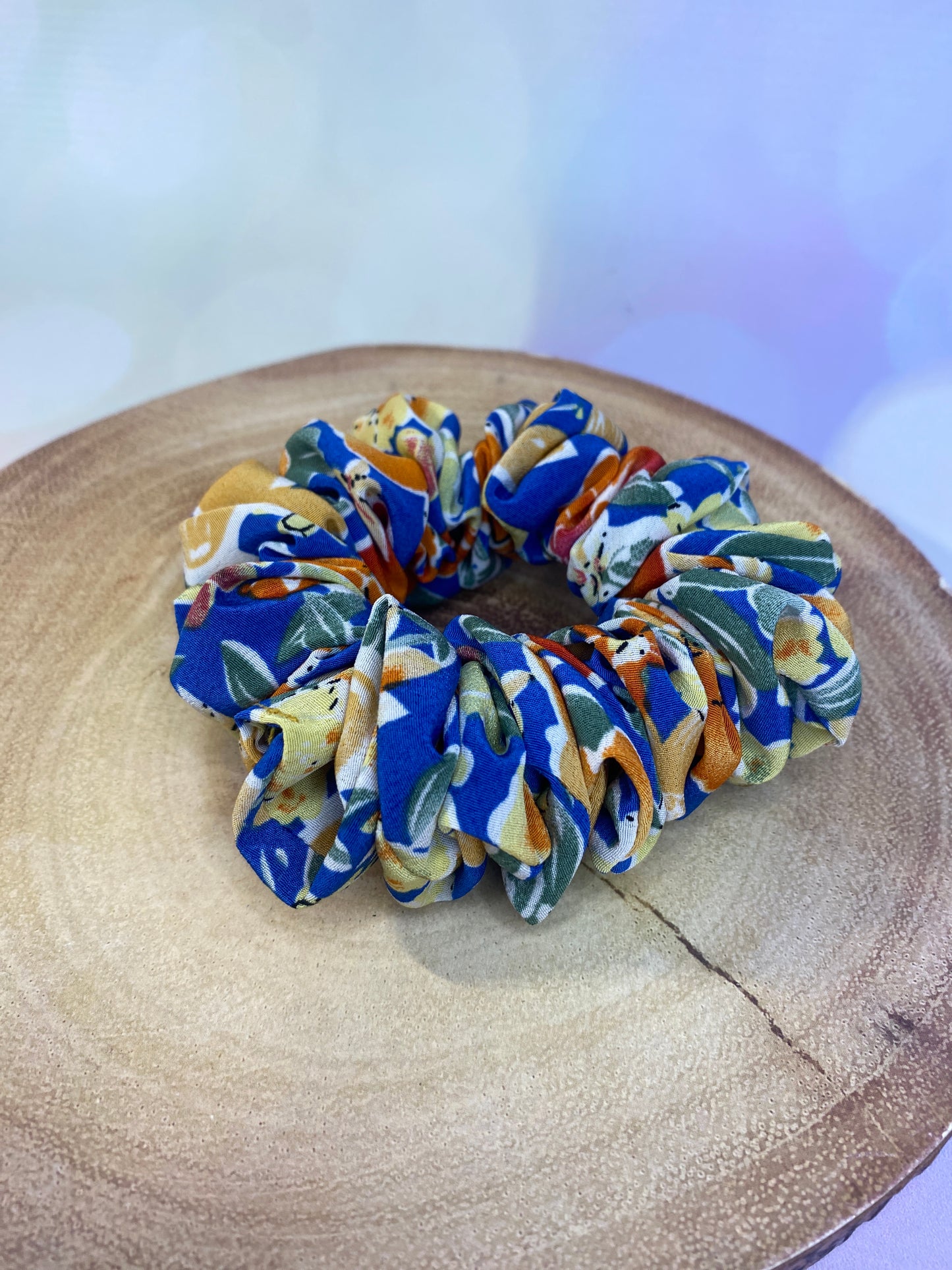 Blue & Orange Floral Crepe Scrunchie