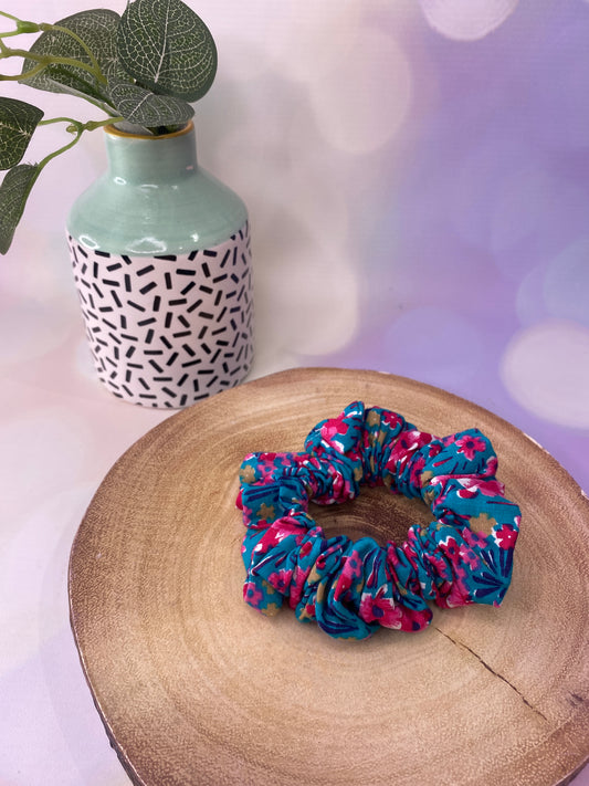 Teal and Pink Floral Scrunchie